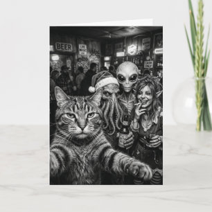 Cat Selfie Bigfoot Alien Christmas Card