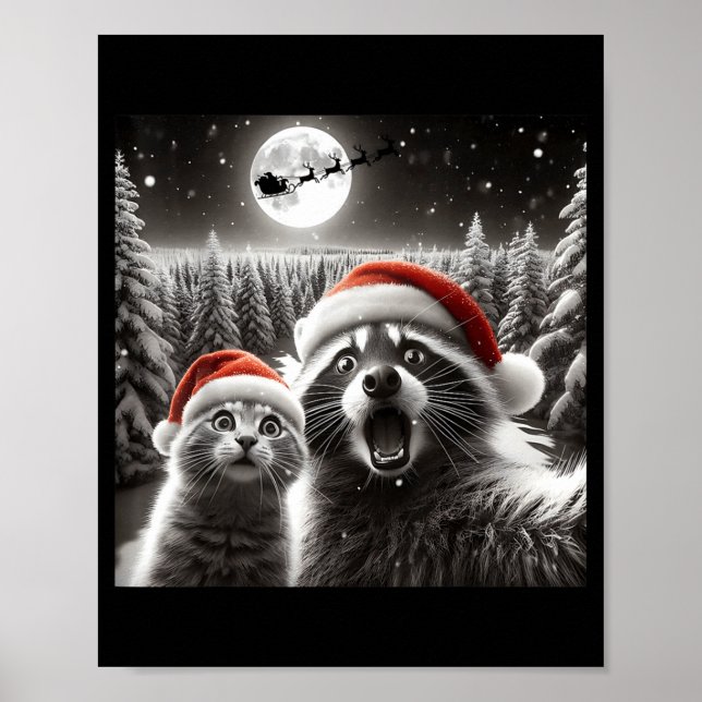 Cat Selfie Racoon Funny Santa Christmas Dog  Poster (Front)