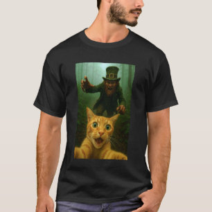 Cat Selfie Running from Leprechaun St. Patrick's D T-Shirt
