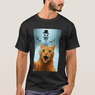 Cat Selfie Scary Snowman Christmas Funny Kitty Hum T-Shirt