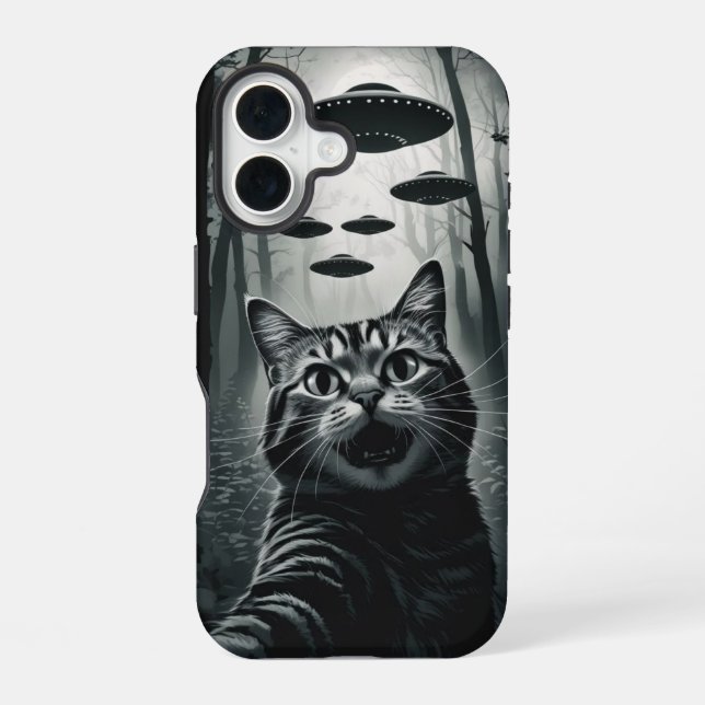 Cat Selfie UFO Abduction: Feline Alien Encounter iPhone 16 Case (Back)