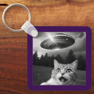 Cat Selfie UFO Keychain Funny Alien Abduction
