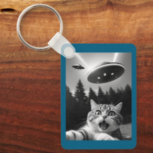 Cat Selfie UFO Keychain Funny Alien Abduction