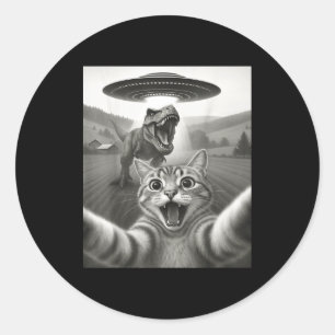 Cat Selfie With Alien Ufo & T-rex Dinosaur Fun Classic Round Sticker