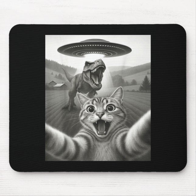 Cat Selfie With Alien Ufo &amp; T-rex Dinosaur Fun Mouse Pad (Front)