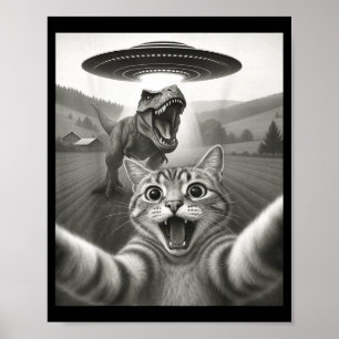 Cat Selfie With Alien Ufo & T-rex Dinosaur Fun Poster