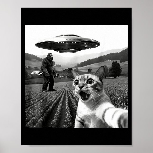 Cat Selfie With Alien Ufo Funny Cat Alien Bigfoot  Poster (Front)