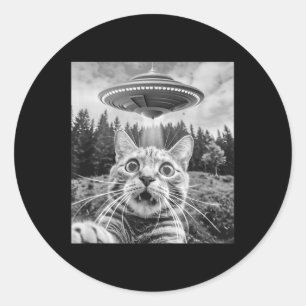 Cat Selfie With Alien Ufo Funny Cat For Men Women Classic Round Sticker