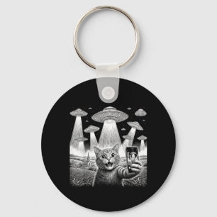 Cat Selfie with Alien UFO Funny Cat for Men Women Key Ring