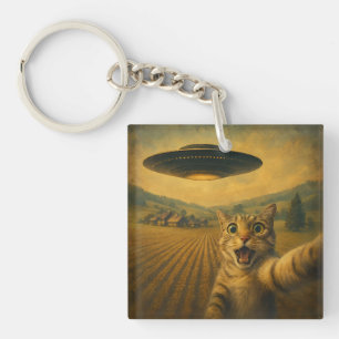 Cat Selfie With Alien UFO Funny Cat Gifts Key Ring
