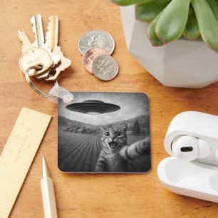 Cat Selfie With Alien UFO Funny Cat Gifts Key Ring