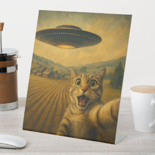 Cat Selfie With Alien UFO Funny Cat Gifts Pedestal Sign