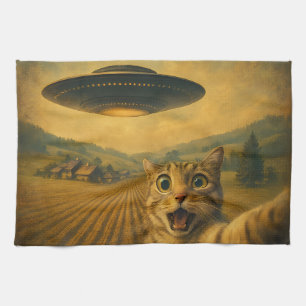 Cat Selfie With Alien UFO Funny Cat Gifts Tea Towel