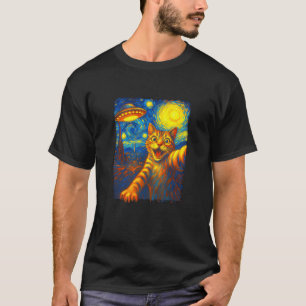 Cat Selfie With Alien UFO Funny Starry Night Van G T-Shirt