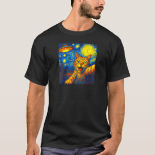 Cat Selfie With Alien UFO Funny Starry Night Van G T-Shirt