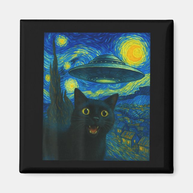 Cat Selfie With Alien Ufo Night Van Gogh Men Women Magnet (Front)