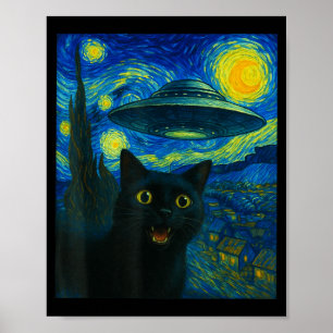 Cat Selfie With Alien Ufo Night Van Gogh Men Women Poster