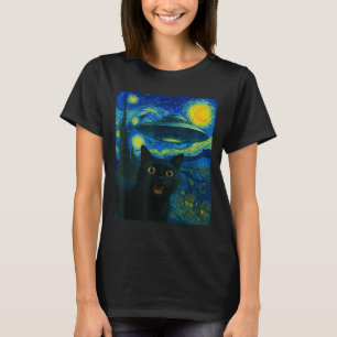 Cat Selfie With Alien Ufo Night Van Gogh Men Women T-Shirt