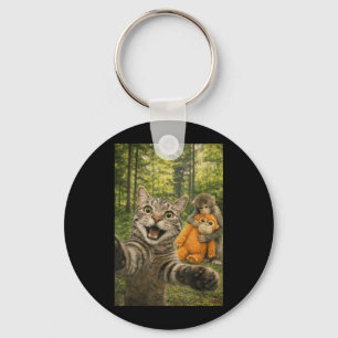 Cat Selfie with Baby Monkey Funny Photo Animal Key Ring