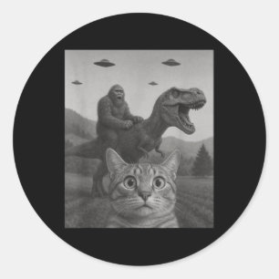 Cat Selfie With Bigfoot Riding T-rex Dinosaur Alie Classic Round Sticker