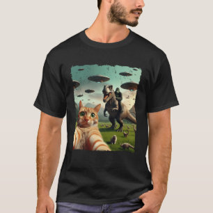 Cat Selfie With Bigfoot Riding T-rex Dinosaur UFO T-Shirt