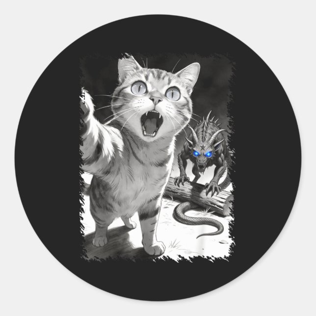 Cat selfie with chupacabra funny cryptid meme  classic round sticker (Front)