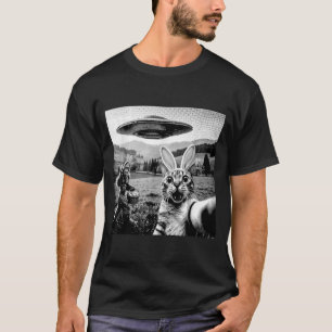 Cat Selfie with Easter Bunny Bigfoot Sasquatch UFO T-Shirt