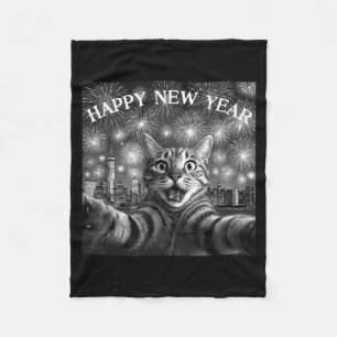 Cat Selfie With Firework Countdown Funny Happy New Fleece Blanket