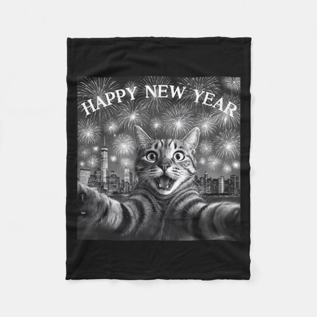 Cat Selfie With Firework Countdown Funny Happy New Fleece Blanket (Front)