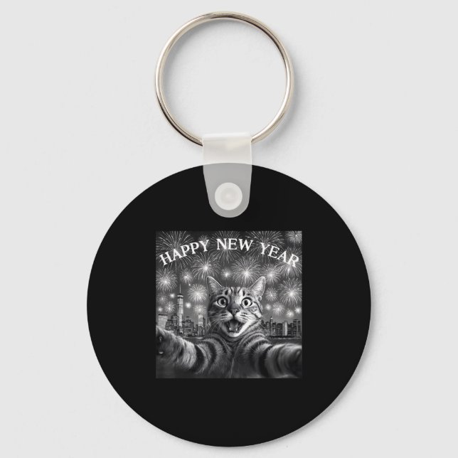 Cat Selfie With Firework Countdown Funny Happy New Key Ring (Front)