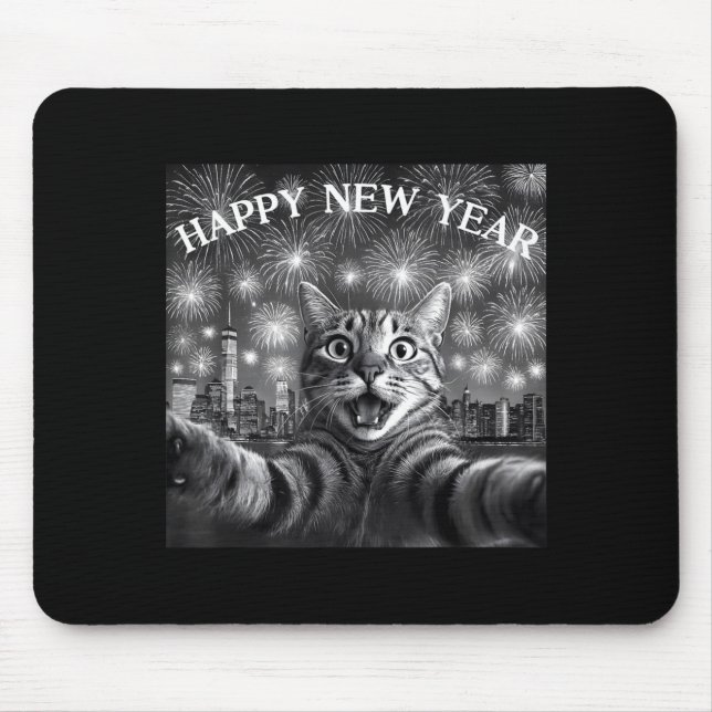Cat Selfie With Firework Countdown Funny Happy New Mouse Pad (Front)