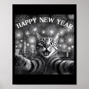 Cat Selfie With Firework Countdown Funny Happy New Poster
