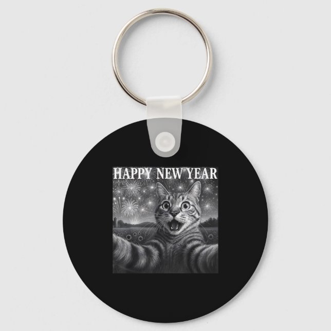 Cat Selfie With Firework Funny Cat Happy New Year  Key Ring (Front)