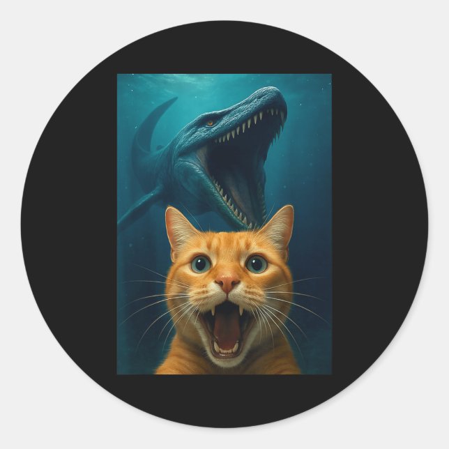 Cat Selfie With Mosasaurus Dinosaur For Boys Kids  Classic Round Sticker (Front)