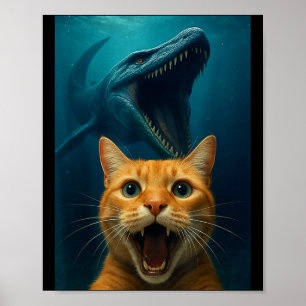 Cat Selfie With Mosasaurus Dinosaur For Boys Kids Poster