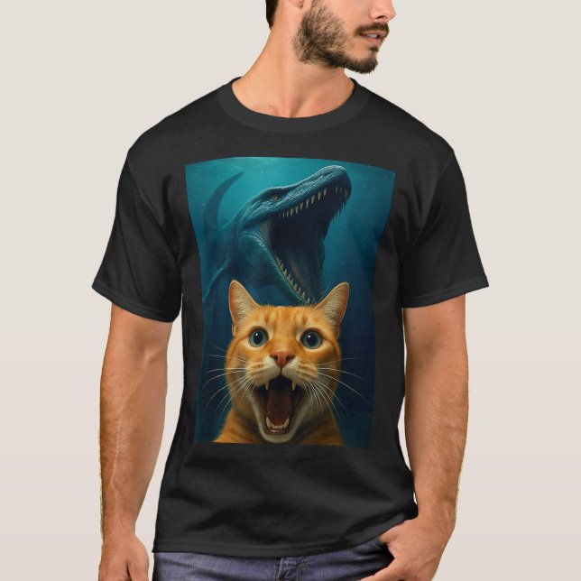 Cat Selfie With Mosasaurus Dinosaur For Boys Kids  T-Shirt (Front)