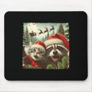 Cat Selfie With Santa's Sleigh Weird Funny Racoon Mouse Pad