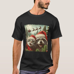Cat Selfie With Santa's Sleigh Weird Funny Racoon T-Shirt