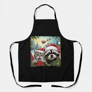 Cat Selfie With Santa's Sleigh Weird Racoon Xmas Apron