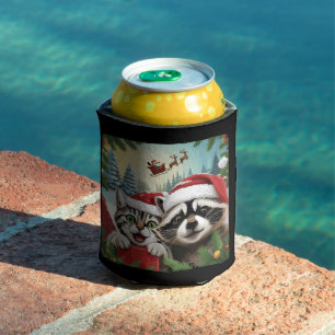 Cat Selfie With Santa's Sleigh Weird Racoon Xmas Can Cooler