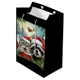 Cat Selfie With Santa's Sleigh Weird Racoon Xmas Medium Gift Bag
