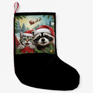 Cat Selfie With Santa's Sleigh Weird Racoon Xmas Small Christmas Stocking