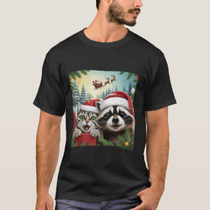 Cat Selfie With Santa's Sleigh Weird Racoon Xmas T-Shirt