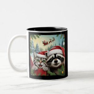 Cat Selfie With Santa's Sleigh Weird Racoon Xmas Two-Tone Coffee Mug
