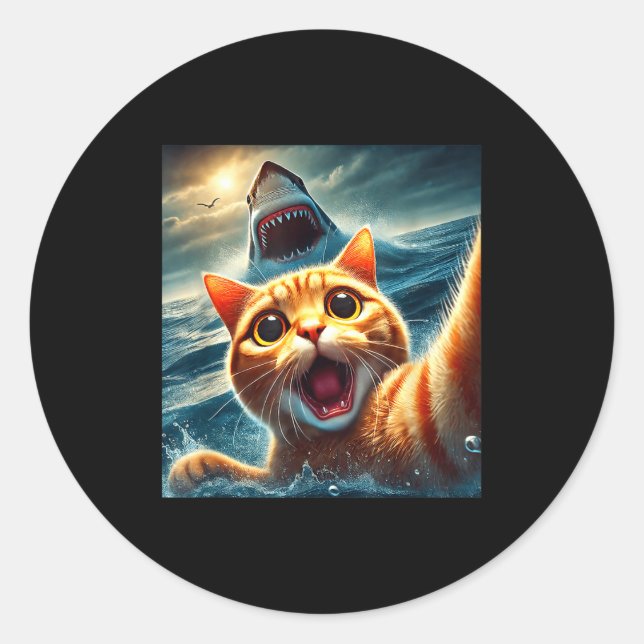 Cat Selfie With Shark Funny  Classic Round Sticker (Front)