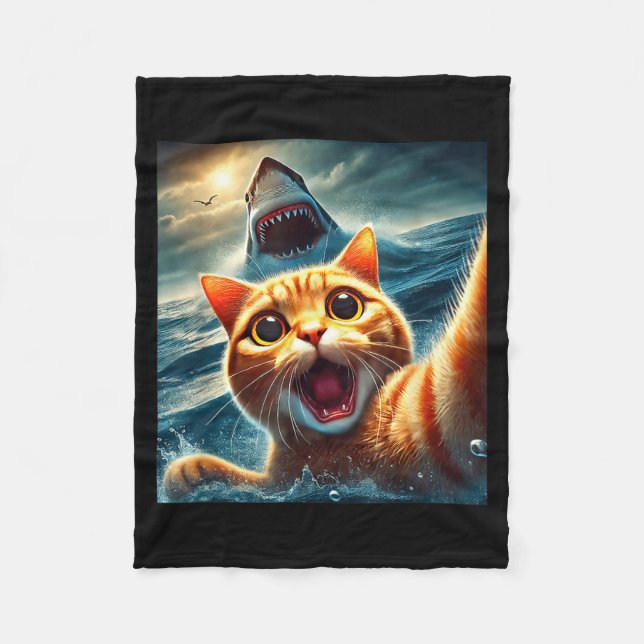 Cat Selfie With Shark Funny  Fleece Blanket (Front)