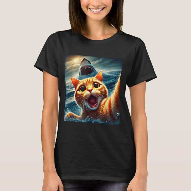 Cat Selfie With Shark Funny  T-Shirt (Front)