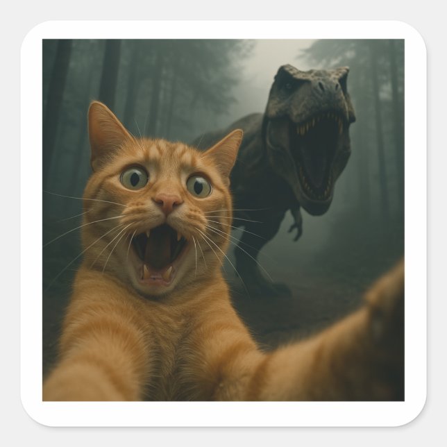 Cat Selfie With T-Rex Dinosaur Comedy Animal Square Sticker (Front)
