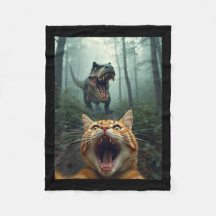 Cat Selfie With T-rex Dinosaur Fleece Blanket