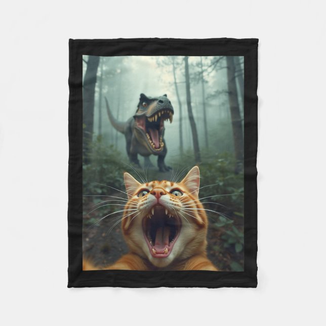 Cat Selfie With T-rex Dinosaur  Fleece Blanket (Front)